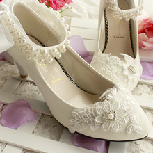 Handmade Ivory Pearls Ankle Bandage Women Lace Wedding Shoes 2016 New Spring Autumn Fashion Braidsmaid Shoes
