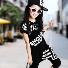 Hip Hop Style 2015 Children Casual Clothing Sets Summer Girls Short Suit Female Kids Sports Short-Sleeve Tops Harem Pant 2Pcs N5(China (Mainland))