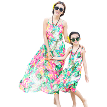 2016 Bohemian Summer Mother Daughter Dresses Floral Sleeveless Straped Chiffon Long Beach Travel Outfit Family Clothing