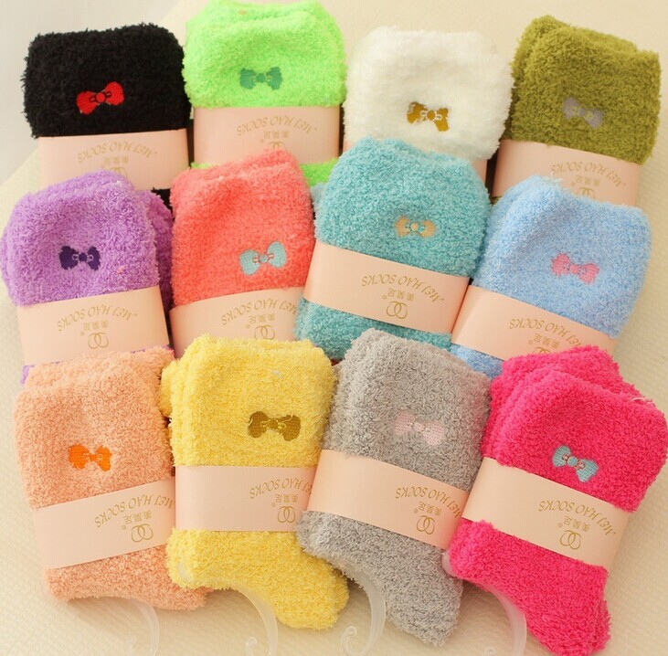 Sweet Candy Color Thickening Velvet Bow Women s Winter Socks Thermal Socks Retail