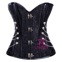 Sexy Strapless Corsets Steel Bone Overbust Black Gothic Corset Steampunk Clothing Bustier Crop Tops WithChains&Metal Ring Buckle