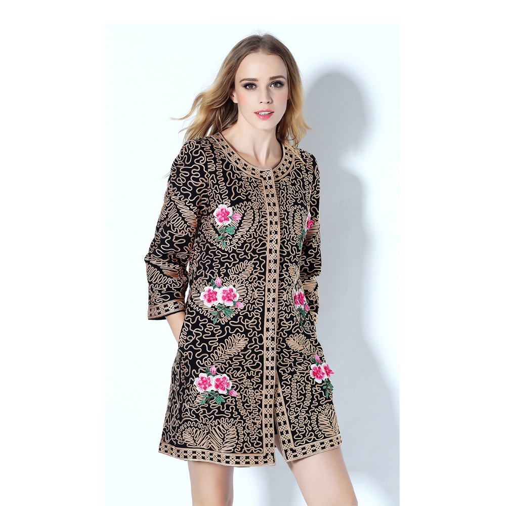 New Trend  2015 Fashion Designer Runway Retro Winter Coat Women's  Disk flowers Embroidery  Coat Overcoat