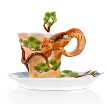 Bone China 3D Color Emamel Porcelain animal Squirrel ceramic mug saucer spoon tea coffee set for friend Gift