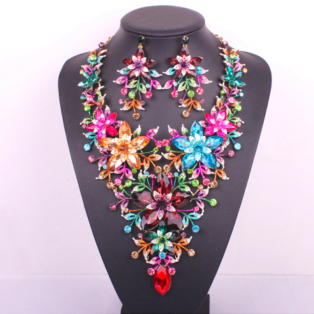 Best design big floral bridal jewelry set crystal gold filled prom party statement necklace earring set accessories for women