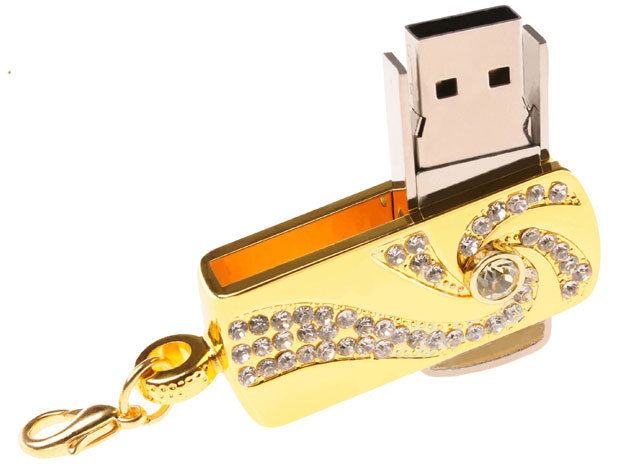 Metal Crystal Gold Stainless steel rotary Key Chain USB 2 0 Flash Drive 8GB 16GB 32GB