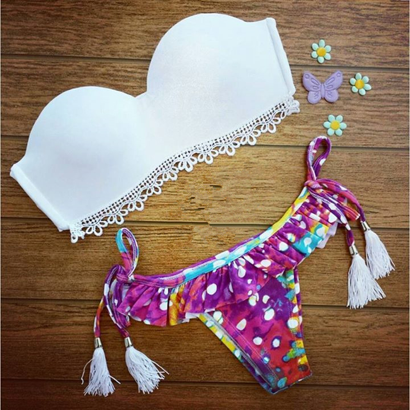 2016 Women Swim Bikini Set Swimwear Floral Print Split Bandage Swimsuit Sexy Bikinis Swimwear Female BS005