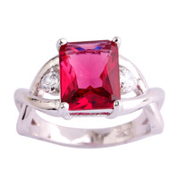 lingmei Wholesale Fashion Women Jewelry Emerald Cut Ruby Spinel & White Sapphire 925 Silver Ring Size 6 7 8 9 10 11 Free Ship