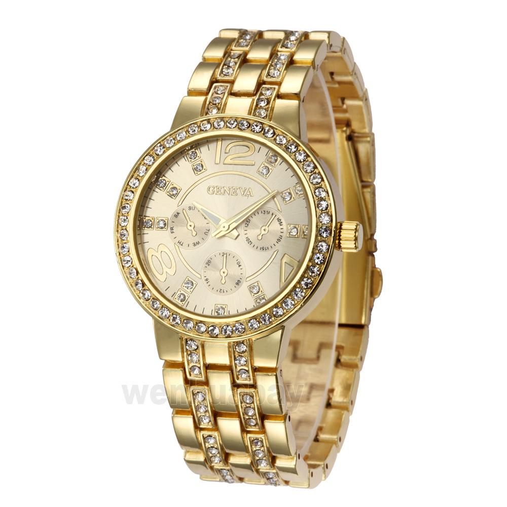 New 2015 Fashion Women Rhinestone Watches Geneva Stainless Steel Watch Crystal Shiny Wristwatch relogio feminino Q0888