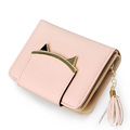 Fashion Bi fold Purse Metallic Cat Ear Tassel Ornament Money Clip Designer Solid Color Flap Zipper