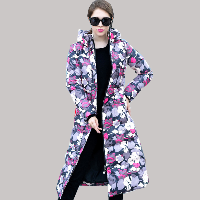 2016 New High Qualtiy Printing Plus Size Slim Long Thick Duck Down Jacket Women Winter Hooded Coat  Black Warm Parkas JA057