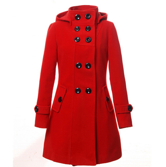 New Fashion Winter Wool Coat Women Coat 2014 Women's Slim Long Blend Hooded Collor Double Breasted Coat Outerwear 8Colors