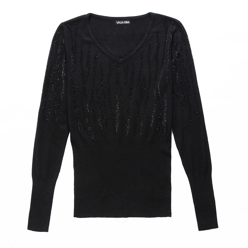 fantastic silver sequins design women leisure full sleeve elastic sweater female solid color autumn and winter wear black