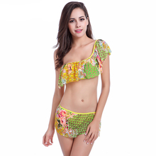 2016 New Summer Yellow flower Bikinis Set Sexy Women Ruffled One shoulder Bikini Dress High Waist skirt Swimsuit halter XXL