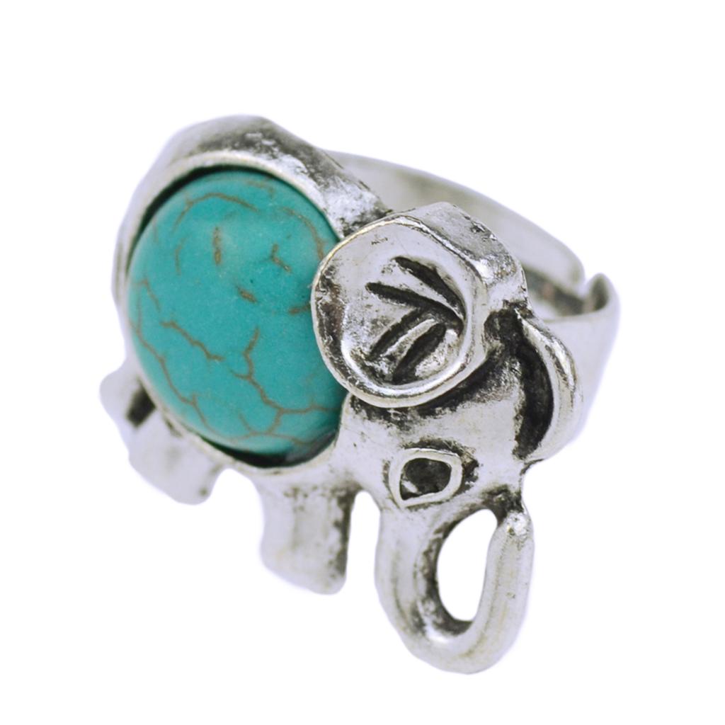 2015 Vintage Bohemian Elephant Turquoise Ring For Women Antique Silver Alloy Carving Ring Fashion Jewelry 6