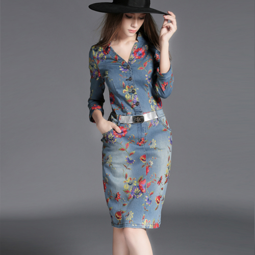 2015 autumn fashion three quarter sleeve print ruffle slim waist slim hip denim one-piece dress step skirt