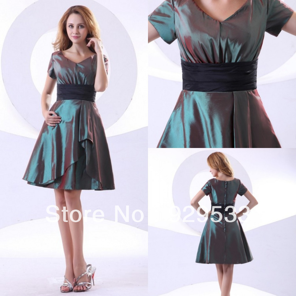 Cheap Sale V neck Short Sleeve Taffeta Knee Length Party Dress Simple