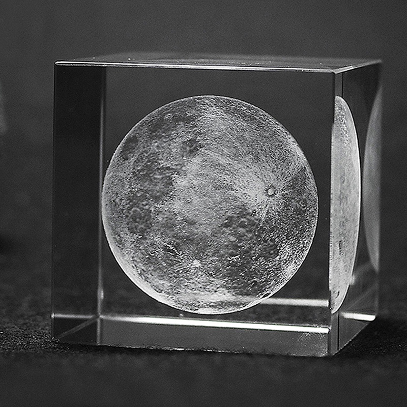 80mm 3D Laser Crystal Moon Cube Paperweight Gift on