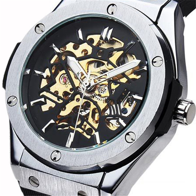 2016 new fashion men male sewor brand stylish skeleton clock rubber design classic automatic mechanical wrist