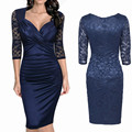 Women dress 2016 New elegant Autumn Dress hit fold v neck lace stitching cultivate one s
