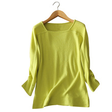 4 colors square collar three quarter sleeves 100% cashmere pullovers solid color knitting sweater autumn/winter