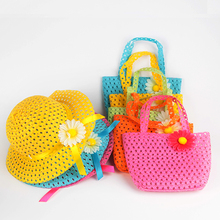Girls Kids Beach Hats Bags Flower Straw Hat Cap Tote Handbag Bag Suit Children Summer Sun