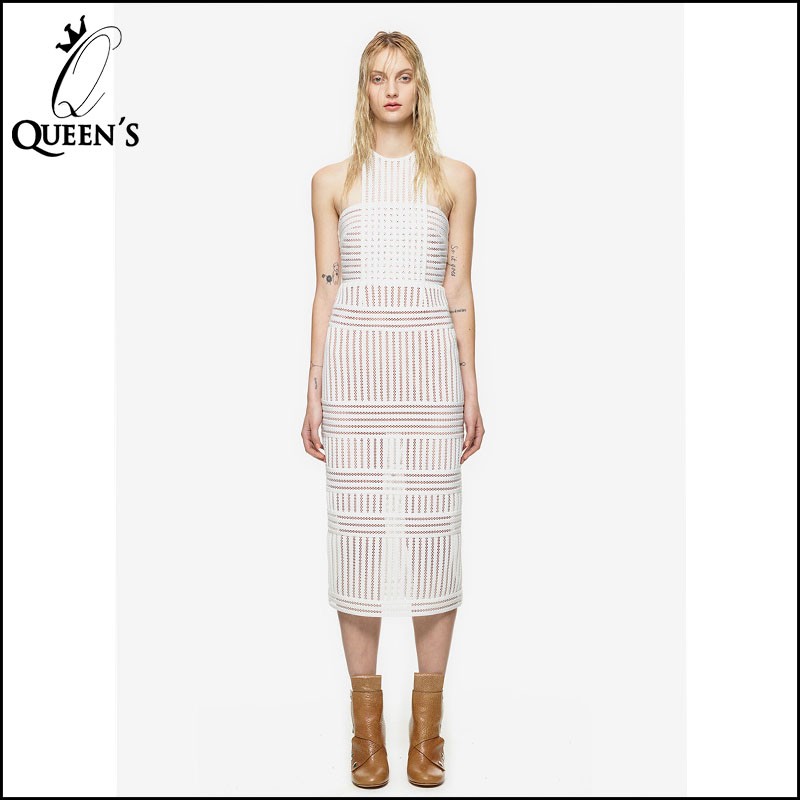 striped mesh column dress in white-1