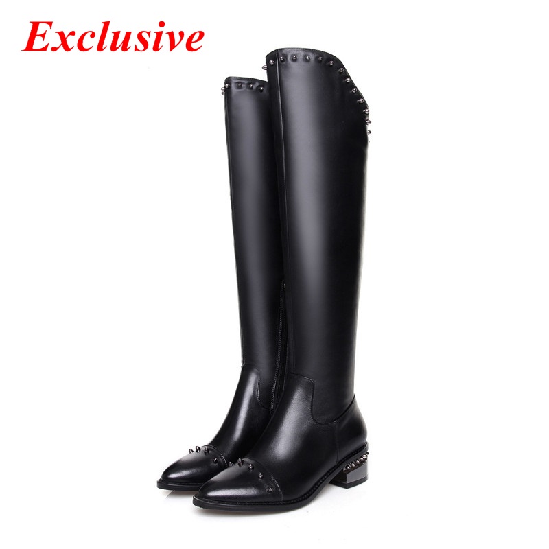 Sequined Knee-high Boots Winter Short Plush Rivet Long Boots Full Grain Leather Pointed Toe Woman Shoe Sequined Knee-high Boots