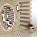 Luxury Chrome Brass Floor Mounted Bathroom Tub Faucet w Hand Shower Sprayer Tap