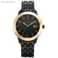 TAYLOR COLE Luxury Brand Crystal Quartz Watches Auto Date Black Golden Case Steel Strap Women Analog