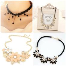 South Korea fashion sexy lace crochet small pure and fresh temperament water flowers crystal chain short chain necklace clavicle