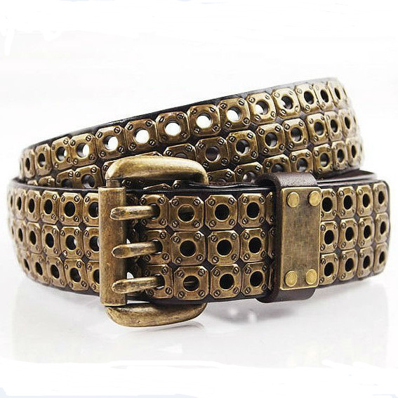 Famous Brand Name Men Cowhide Belt Handmade Gold Rivet Women Genuine