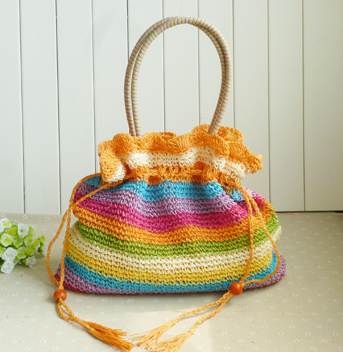 B0062 2014 colorful candy stripe Crochet woven straw bag ...