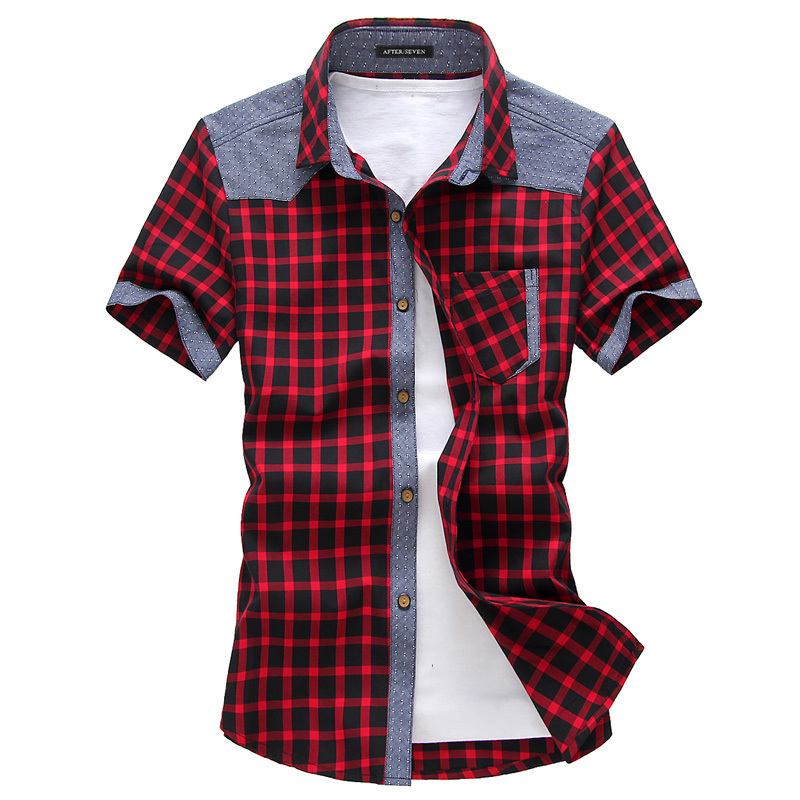 2015 New Men Shirt Short Sleeve Casual Plaid Shirts Slim Fit Fashion Male Camisa Masculina 3 COLORS Mens Spliced Shirt Sale
