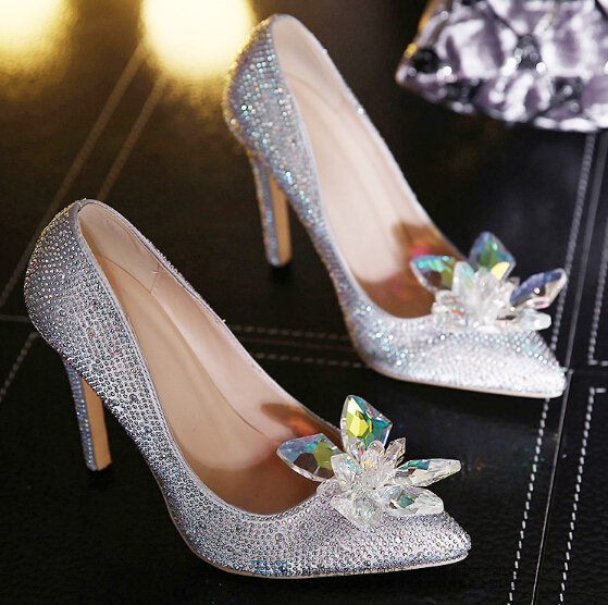 party Shoes pumps Brand Pointed Toe High Heels Princess Shoes Women Pumps Silver Heels Rhinestone Wedding Shoes Crystal D150