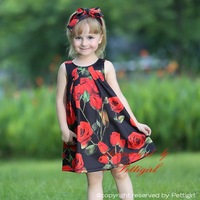 2015 Christmas Flower Girls Dresses A-line Rose Print Vest Fashion Style Summer Style Kids Clothes Stock