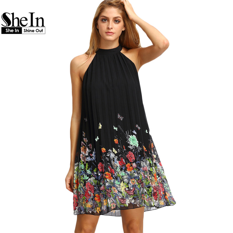 SheIn New Woman Dress 2016 Summer Black Round Neck Sleeveless Womens Casual Clothing Floral Print Cut