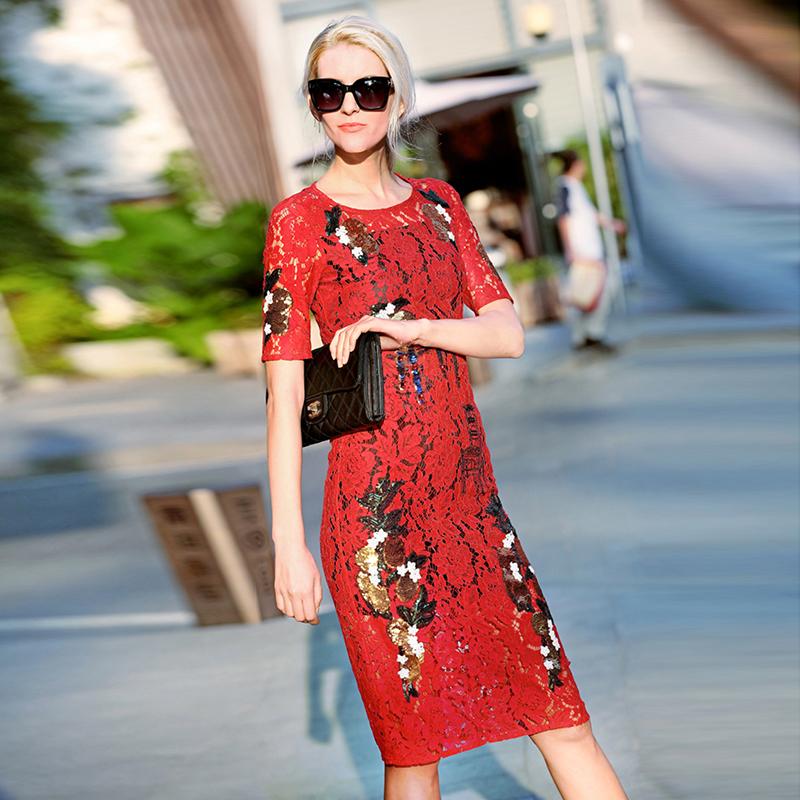 Lace Dress 2016 Summer Autumn Fashion Brand Runway Hollow Out Short Sleeve Sequined Mid-Calf Slim Luxury New Red Dress