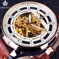 Orkina Golden Movement Inside Rose Gold Case Mens Watches Top Brand Luxury Brown Genuine Leather Strap