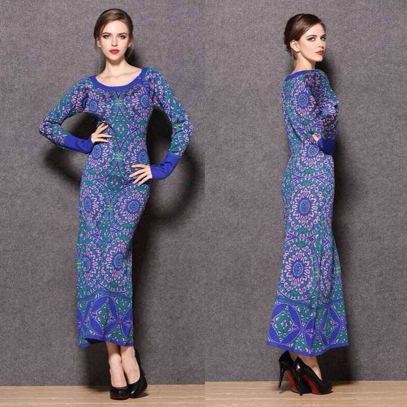 too Charming! Free Shipping Spring 2014 Long Sleeve Colorful Scale Printed Stretch Knit Pencil Long Dress  140118S01