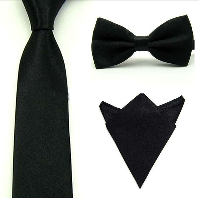 Men Satin Solid Color Suit Elastic Bowtie Banquet Bow Tie + Necktie + Handkerchief Pocket Square Set