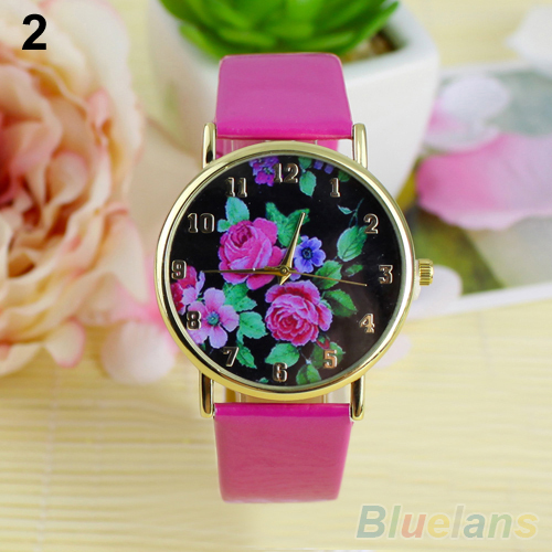 Women s Rose Flower Dial Faux Leather Strap Quartz Analog Casual Wrist Watch 01LB 48M5