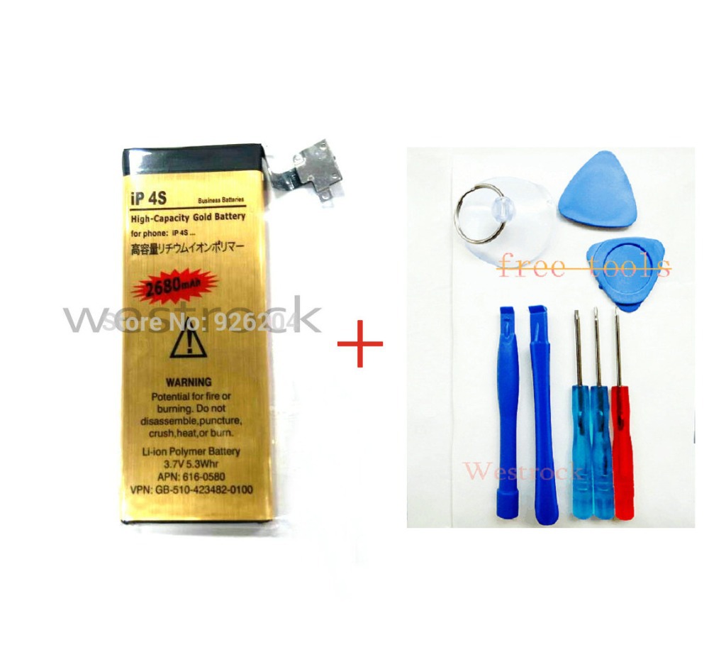 1set 2680MAH Gold Replacement Battery for iPhone 4S Batterij Bateria 8 in1 Opening Pry Disassemble Tools