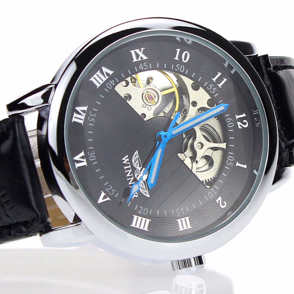Winner Luxury Carving Skeleton Steampunk Hand Wind Mechanical Silver Genuine Leather Clasp Unisex Lover s Montre