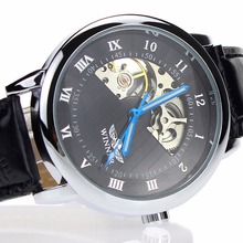Winner Luxury Carving Skeleton Steampunk Hand Wind Mechanical Silver Genuine Leather Clasp Unisex Lover s Montre