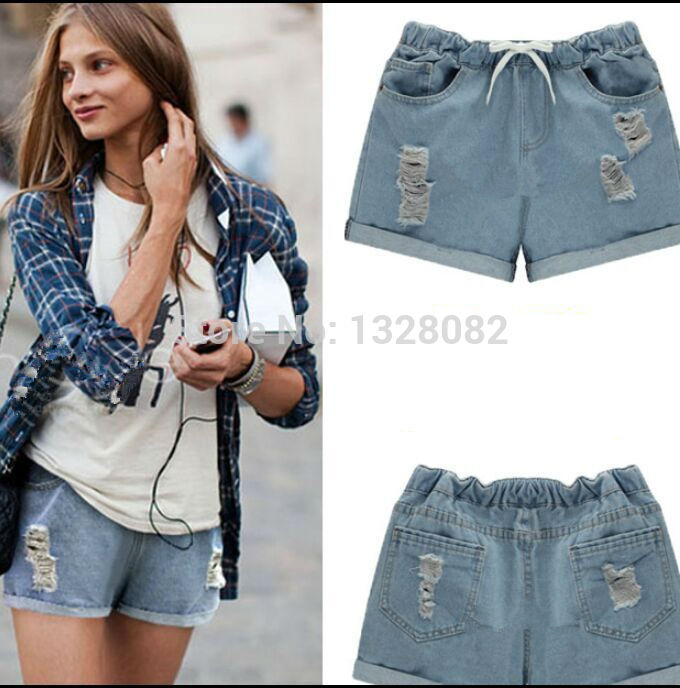 2015 Summer Women New Elastic Waist Jeans Shorts Plus Size Casual Female Bull Puncher