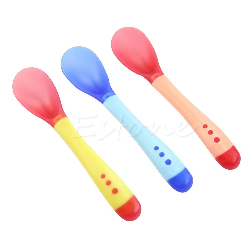 Free Shipping Lot Heat Sensing Thermal Feeding Spoon Baby Kids Weaning Silicone Head Tableware