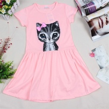 2016 New Arrival Summer Girl Dress Cat Print Grey Baby Girl Dress Children Clothing Children Dress 2-7years