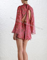 Women Karmic Flare Sleeve Playsuit High Neck Collar Center Back Tie Paisley Chintz Printed Silk Georgette
