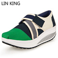 LIN KING Women Autumn Casual Shoes Mixed Color Dot Stripe Square Toe Thick Sole Height Increasing