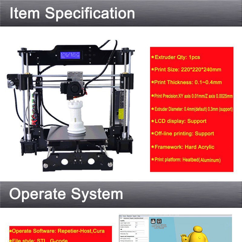 Big size 220*220*240mm High Quality Precision Reprap Prusa i3 3d Printer DIY kit with 2 Roll Filament 8GB SD card and LCD Big size 220*220*240mm High Quality Precision Reprap Prusa i3 3d Printer DIY kit with 2 Roll Filament 8GB SD card and LCD